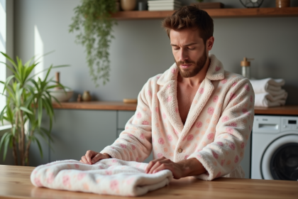 Homme plie un pyjamas piloupilou dans une buanderie chaleureuse