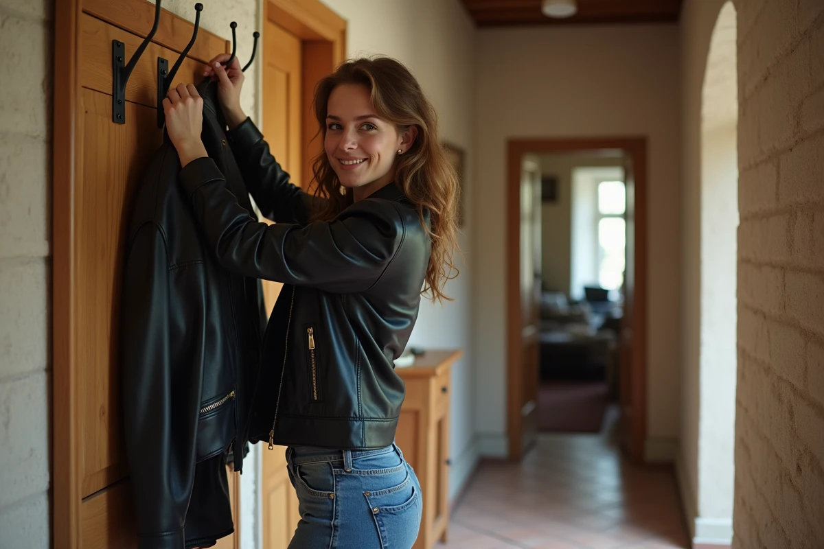 Femme accrochant son blouson en cuir au porte-manteaux