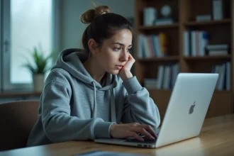 Jeune femme inquiète devant un ordinateur portable découvrant une fuite de contenu privé en ligne