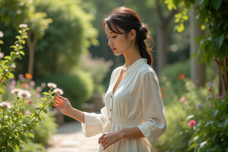 Femme en robe de lin dans un jardin botanique lumineux