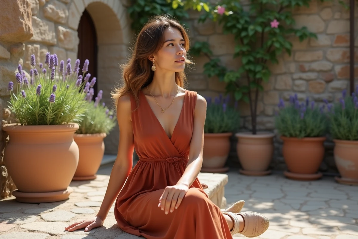Jeune femme en robe terracotta dans un jardin méditerranéen