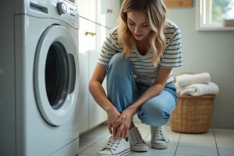Jeune femme retirant ses sneakers du lave-linge