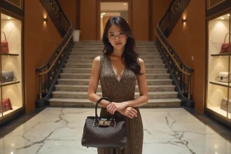 Femme élégante ajustant son sac dans une boutique de luxe