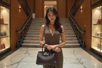 Femme élégante ajustant son sac dans une boutique de luxe