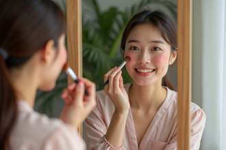 Femme appliquant du blush devant un miroir dans une chambre chaleureuse
