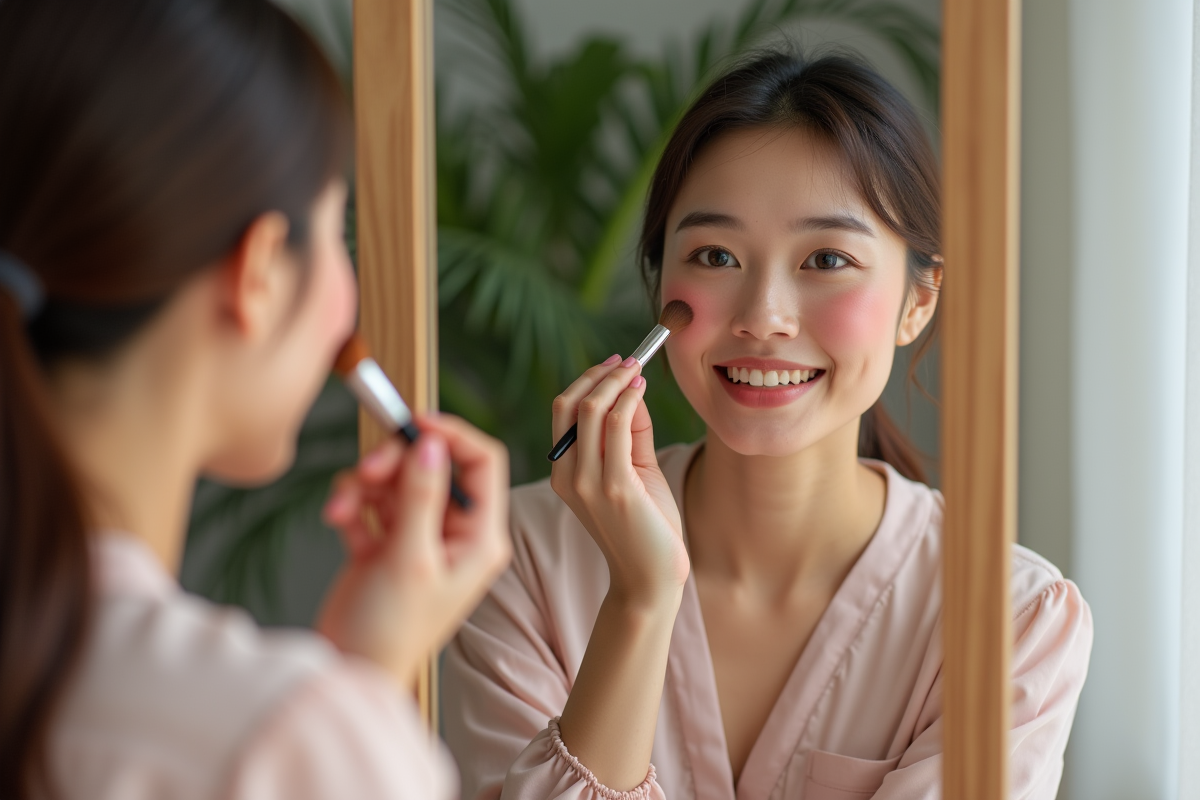 Femme appliquant du blush devant un miroir dans une chambre chaleureuse