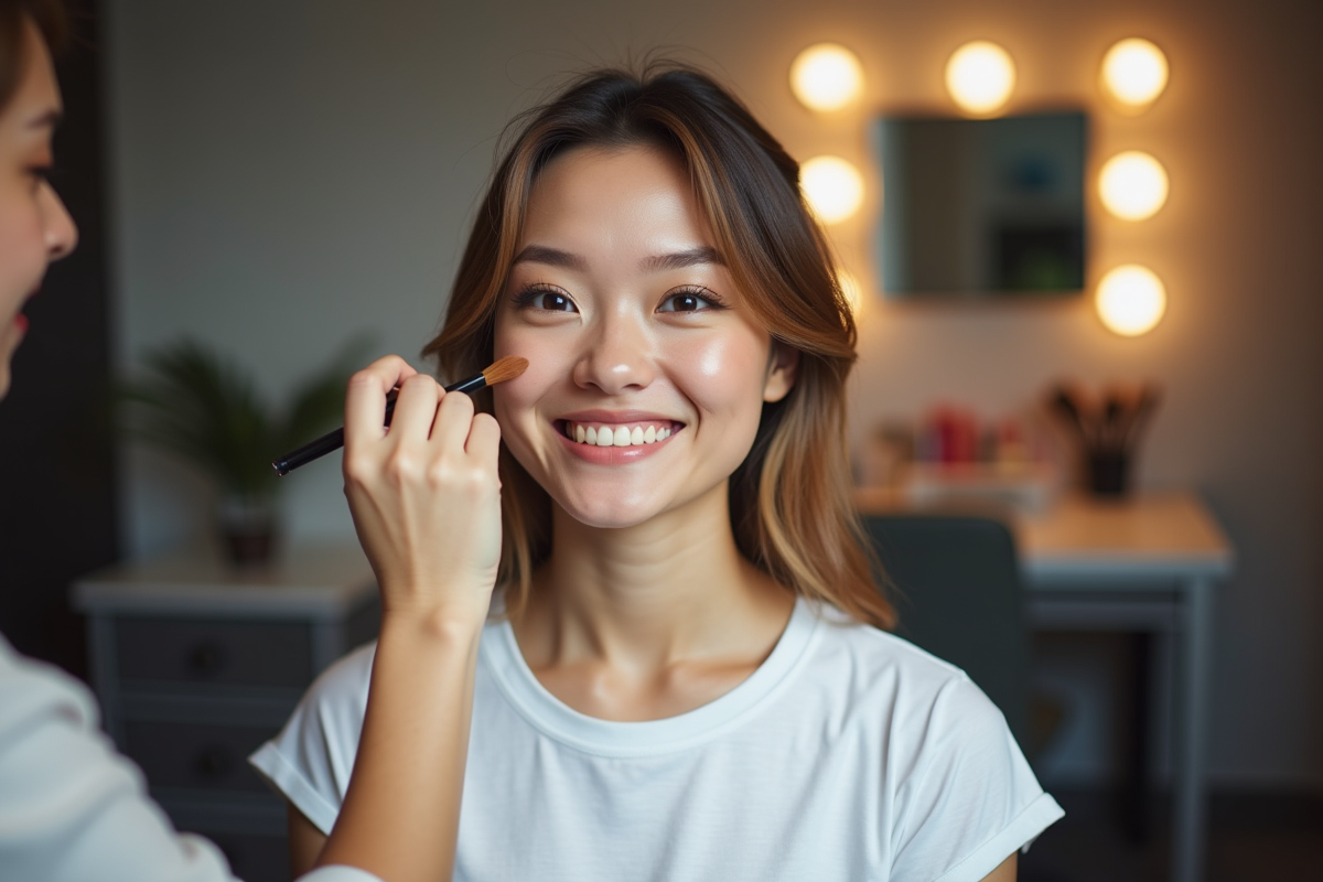 Jeune femme souriante avec une maquilleuse en studio de beauté