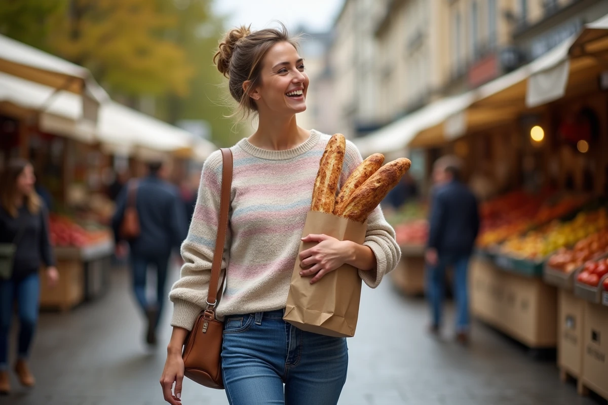Femme en marché avec baguettes et sac en papier