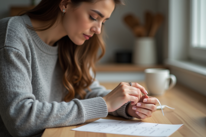 Jeune femme mesurant son anneau avec un ruban dans la cuisine
