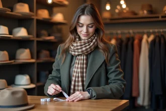 Femme mesurant sa tête avec un ruban dans une boutique de chapeaux