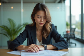 Femme élégante vérifiant l'heure dans un bureau moderne