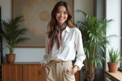 Femme élégante en blouse blanche et pantalon beige dans un appartement