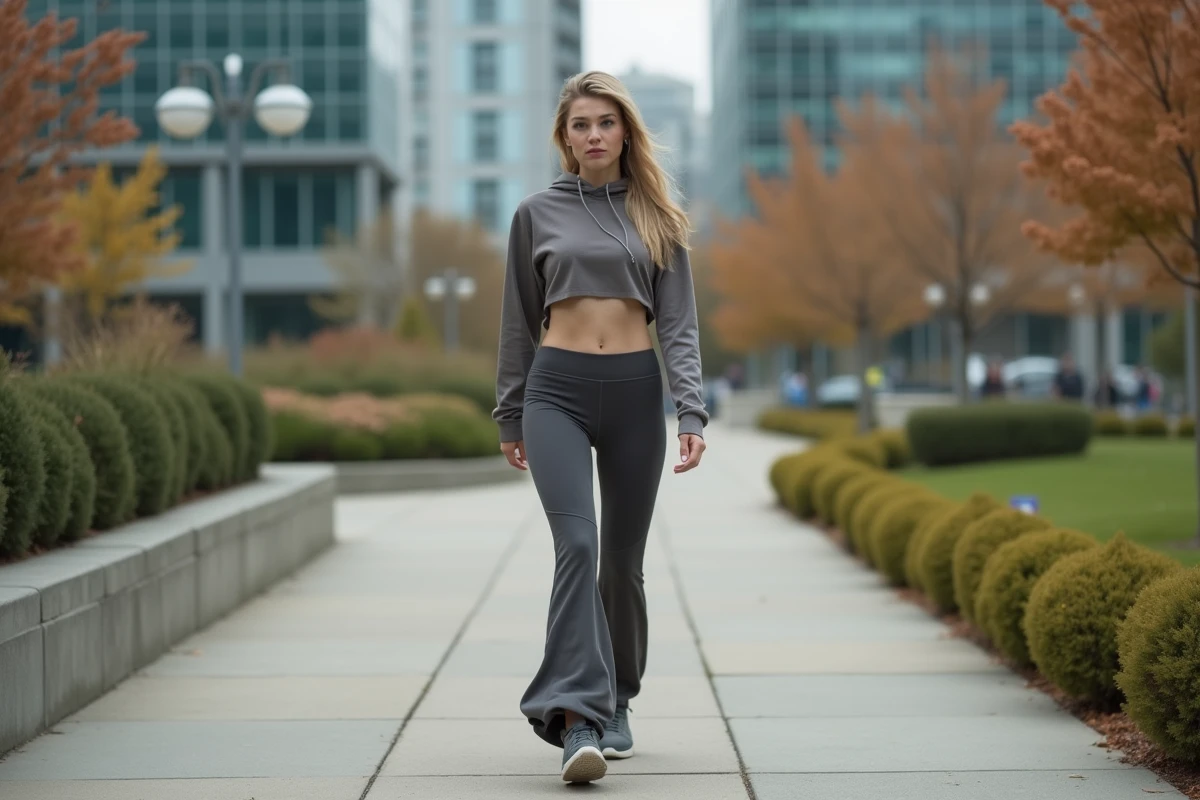 Femme portant un pantalon évasé Halara lors d'une promenade urbaine dans un parc moderne en automne