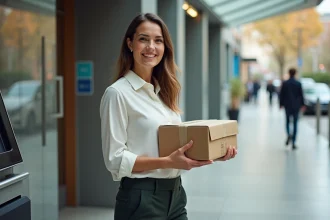 Femme souriante devant un kiosque à colis moderne en intérieur