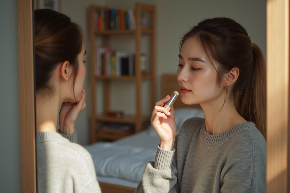 Jeune femme préparant ses lèvres devant un miroir dans la chambre