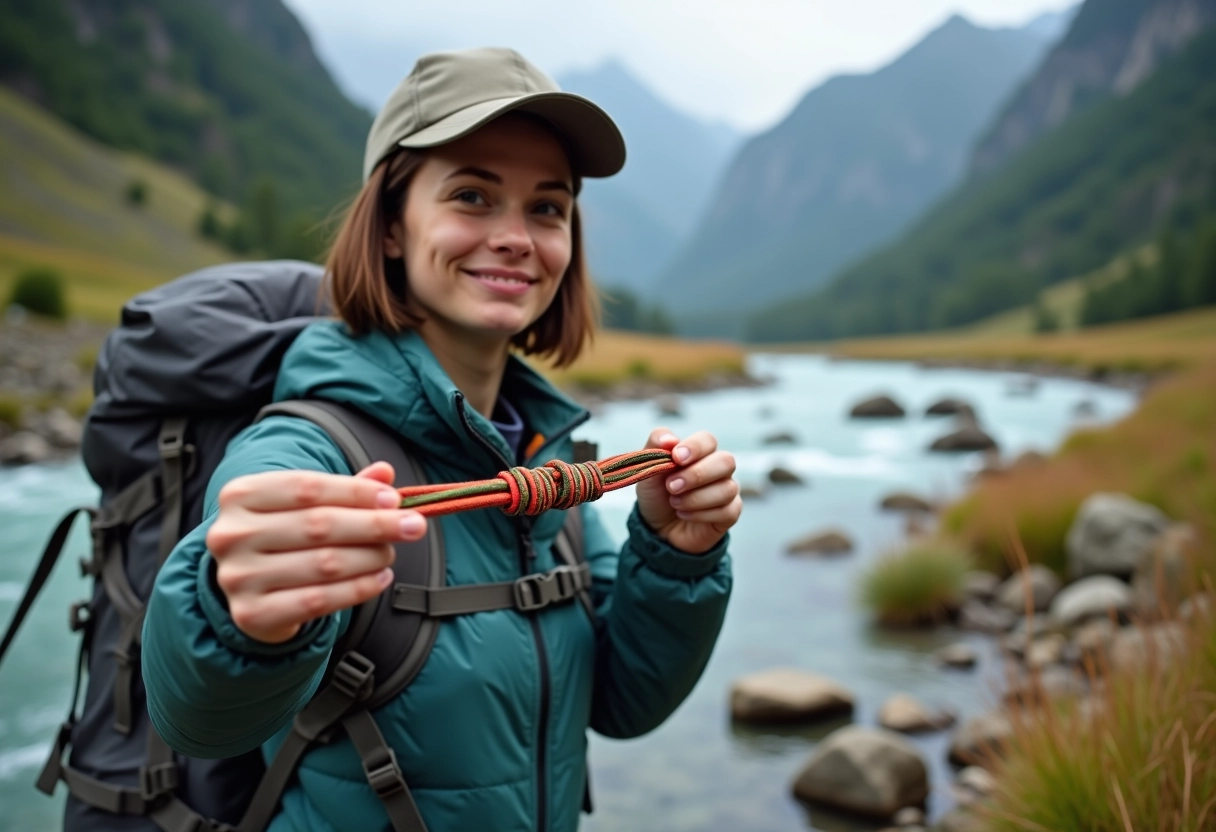 Femme en montagne inspectant un bracelet paracord