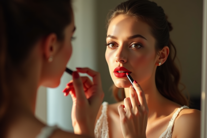 Femme confiante appliquant rouge à lèvres rouge devant miroir