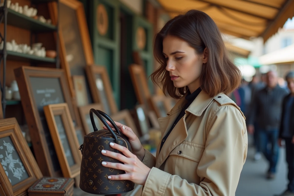 Femme examinant un sac à main de luxe potentiellement contrefait sur un marché aux puces