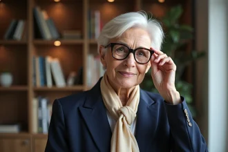 Femme senior élégante portant des lunettes modernes près d'une bibliothèque