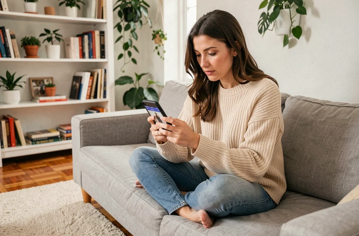 Femme comparant des offres sur une application de shopping en ligne depuis son canapé