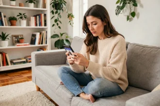 Femme comparant des offres sur une application de shopping en ligne depuis son canapé