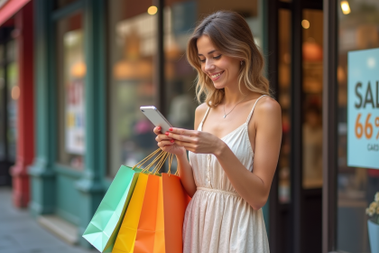 Jeune femme souriante avec sacs de shopping en ville