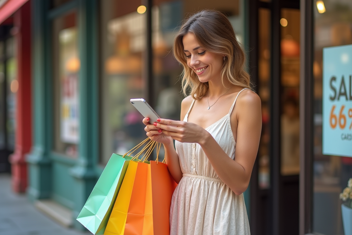 Jeune femme souriante avec sacs de shopping en ville