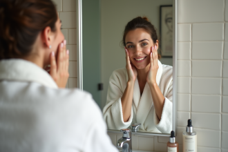 Femme se lavant le visage dans sa salle de bain