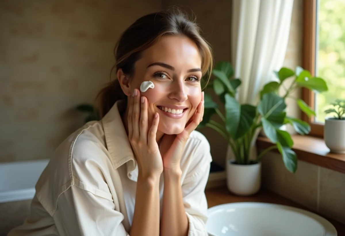 Femme appliquant une creme visage dans une salle de bain lumineuse