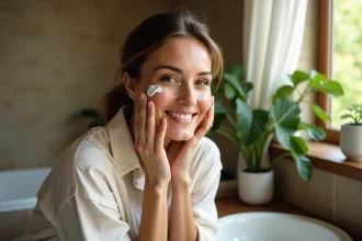 Femme appliquant une creme visage dans une salle de bain lumineuse