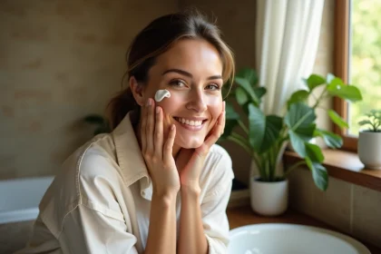 Femme appliquant une creme visage dans une salle de bain lumineuse