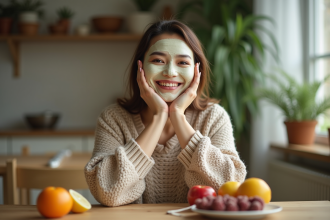 Femme appliquant un masque facial naturel dans un cadre apaisant