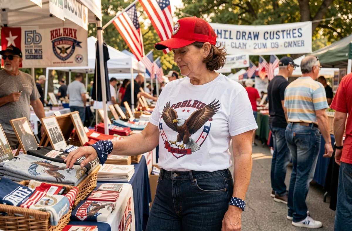 Femme en t-shirt aigle américain, jean et casquette rouge visitant un marché de merchandising patriotique américain en plein air