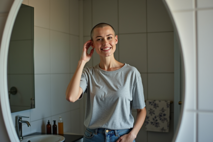 Femme tête rasée se regardant dans le miroir de la salle de bain