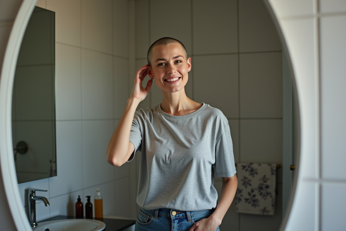 Femme tête rasée se regardant dans le miroir de la salle de bain