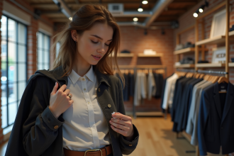 Jeune femme examinant une capsule RFID dans une boutique de mode