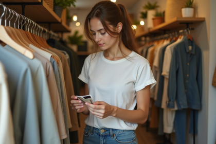 Jeune femme examine étiquette vêtement dans boutique écologique
