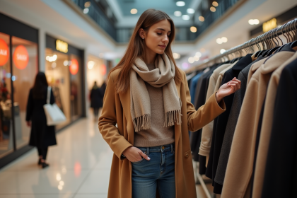 Femme en manteau camel et écharpe dans un centre commercial