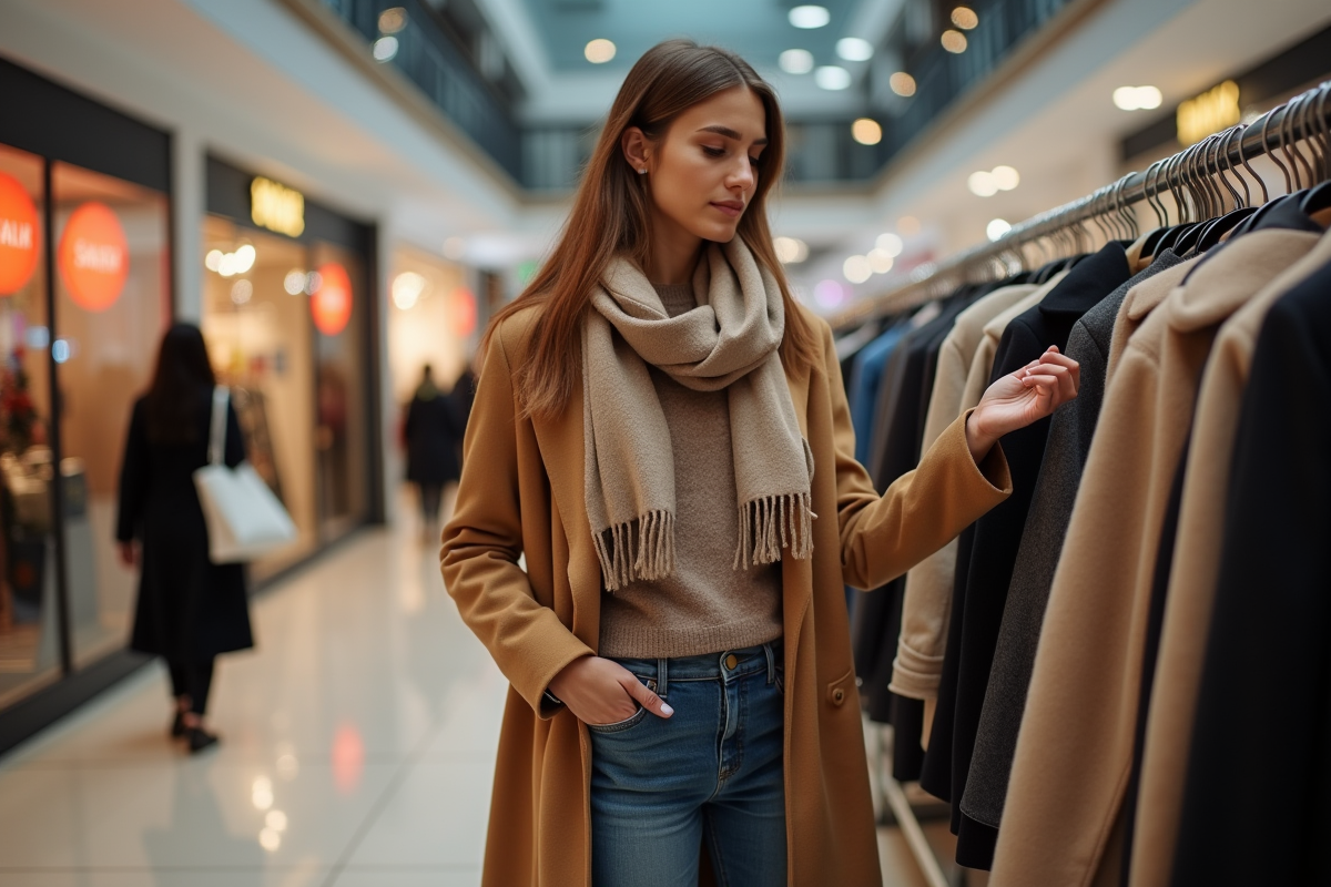 Femme en manteau camel et écharpe dans un centre commercial