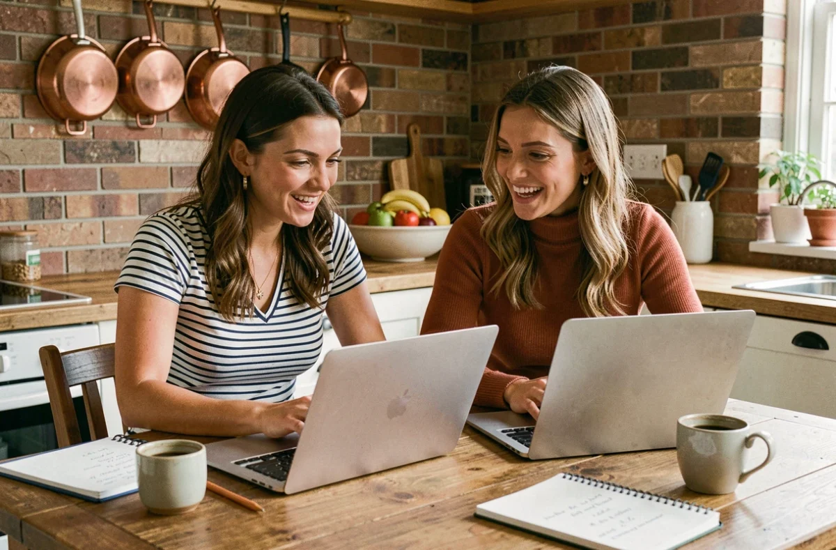 Deux femmes comparant des prix sur Vinted, Veepee ou le bradeu depuis leurs ordinateurs portables