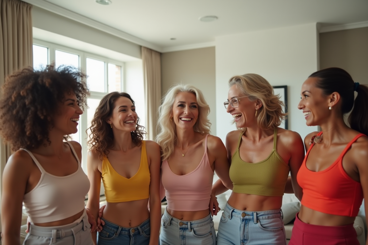 Groupe de femmes diverses riant dans un salon lumineux