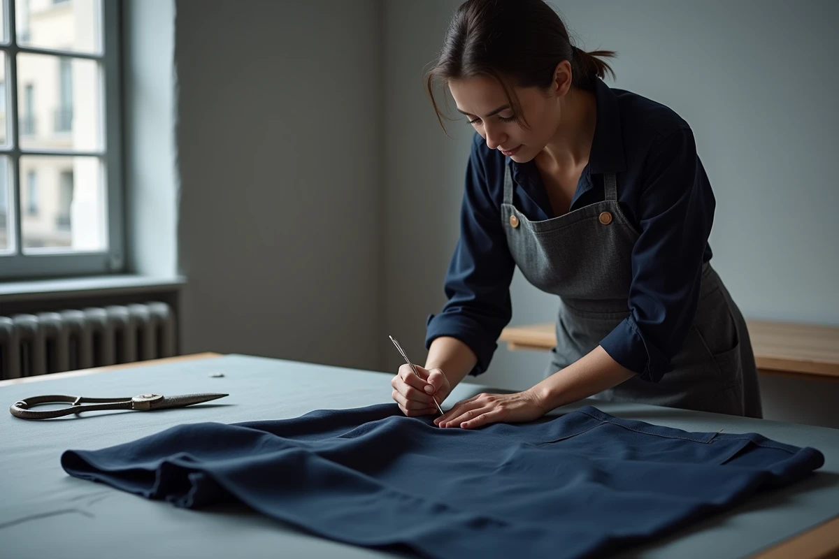 Couturière de Reims réalisant des finitions à la main sur le bas d'un pantalon de cérémonie en tissu marine dans un atelier haute couture