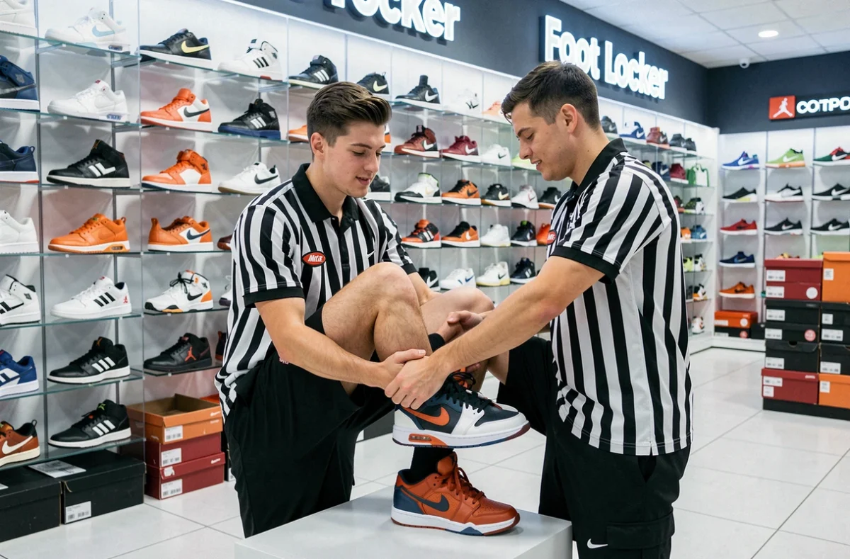 Intérieur du Foot Locker de Lyon avec un mur de sneakers Nike, Adidas et Jordan et un vendeur en tenue rayée aidant un client