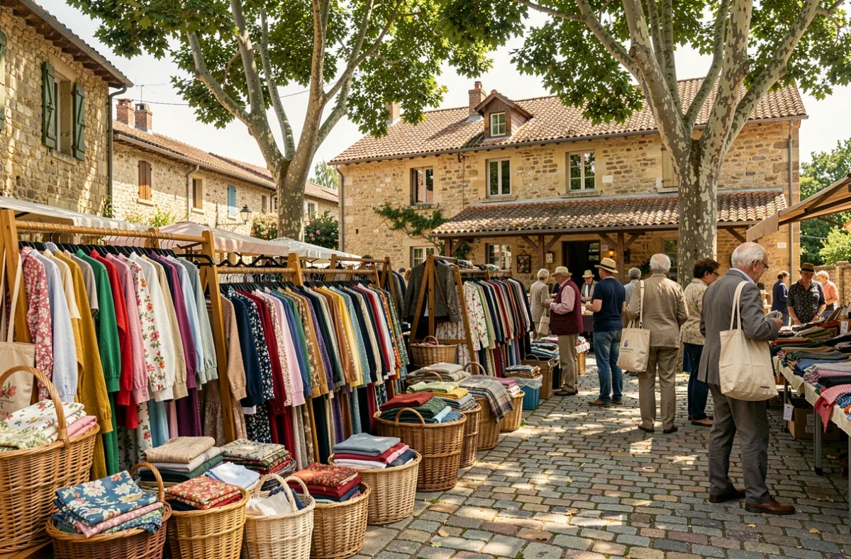 Marché de friperies en plein air dans un village en Dordogne avec des vêtements vintage sur des portants en bois et des clients qui fouillent les articles