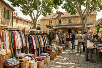 Marché de friperies en plein air dans un village en Dordogne avec des vêtements vintage sur des portants en bois et des clients qui fouillent les articles
