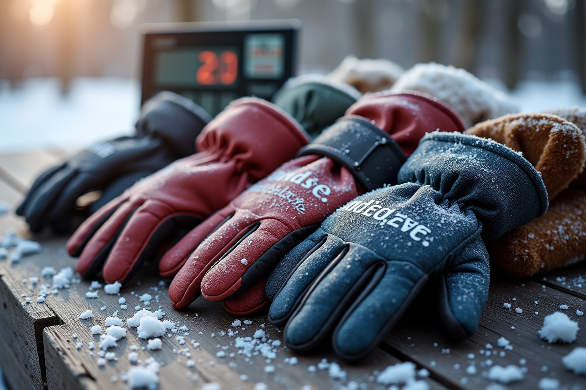 Gants d hiver variés sur une table en bois avec thermomètre