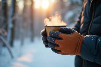 Personne tenant une tasse fumante avec gants isolants en hiver