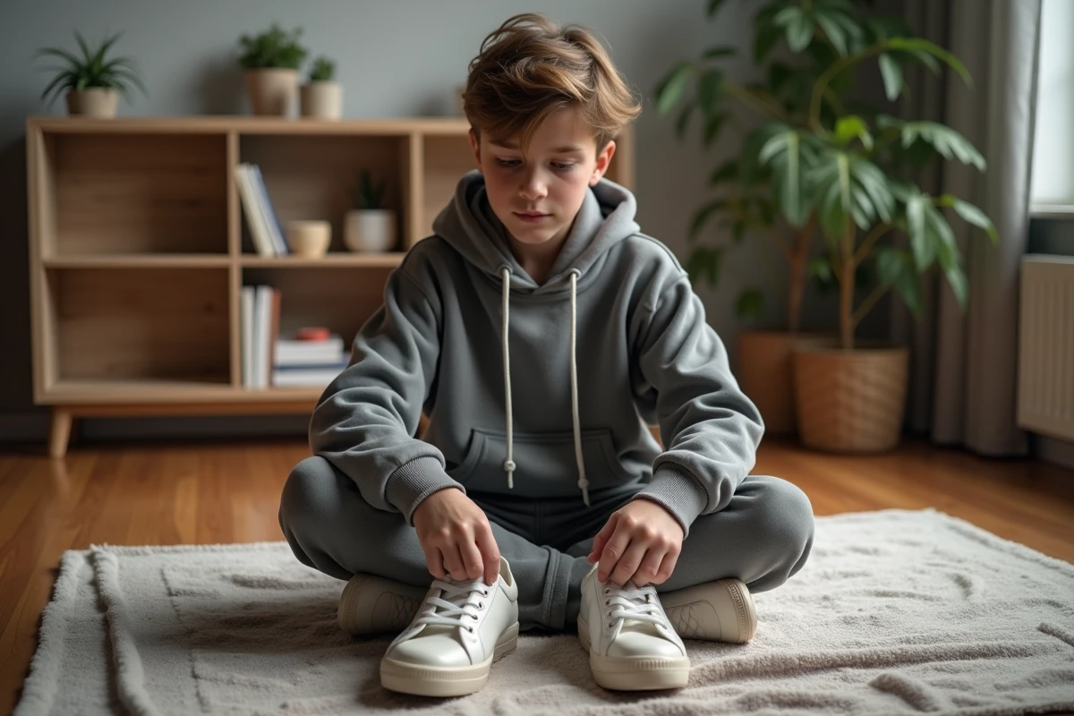Adolescent reshaping ses sneakers dans le salon