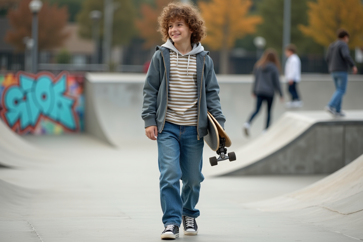 Garçon de 16 ans avec skateboard dans un skatepark urbain