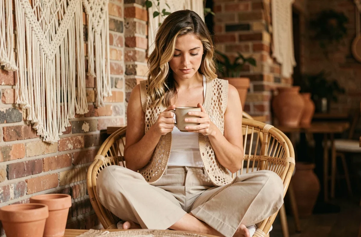 Femme portant un gilet en crochet beige sur une base neutre blanche assise dans un café bohème avec décor en rotin